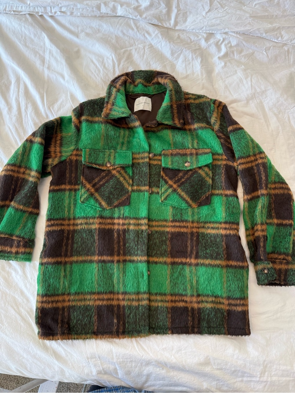 Panache Green and Brown Plaid Faux Fur Jacket
